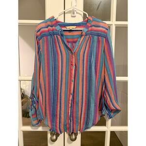 Hope & Harlow XL Multicolor Striped Boho Blouse Roll Tab Sleeve Lightweight